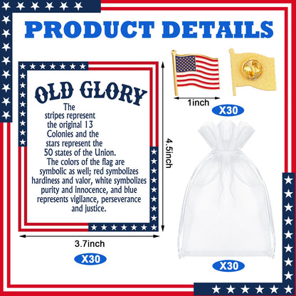 Landical 60 Pcs/30 Sets 250th Anniversary Memorial Day Pins Gifts Bulk Patriotic American Flag Pins with Old Glory Cards and Bags for 4th of July Independence Veterans Day Party Favor Supplies Gifts