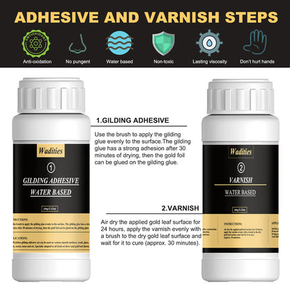 Wadities Gold Leaf Gilding Adhesive Set, 100ml Water Based Glue and 100ml Varnish, Gold Leaf Sheets 100 pcs, 2 Brushes, for Craft, Painting and Arts