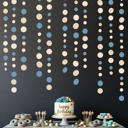Champagne Gold Dusty Blue Beige Circle Dot Garland Hanging Paper Polka Dot Streamer for Men Boy Birthday Baby Shower Wedding Bridal Shower Retirement Engagement Bachelorette Party Decorations Supplies