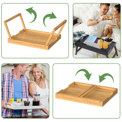2 Pack Bed Tray Table with Foldable Legs, Bamboo Breakfast Tray for Sofa, Beds, Eating, Working, TV Table, Food, Dinner, Computer Trays, Laptop Desk Snack Folding Trays in Bed
