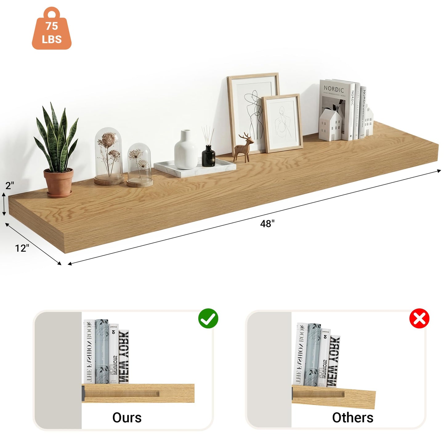 Heimlove 12 Inch Deep Floating Shelves, 48 x 12 inches Long Wall Shelf, Large Display Shelf & Storage Shelf, Rustic Wood Wall Shelves for Fireplace Mantel, Set of 1(Oak)