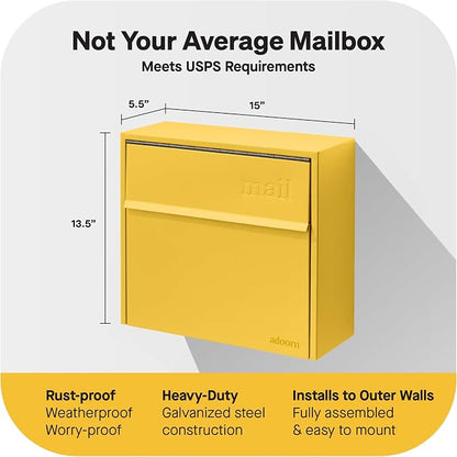 Adoorn Lockable Wall Mount Mailboxes for Outside - Small Anti-Theft Locking Mailbox for Letters - Weatherproof Construction - Durable Steel - 13.5" H x 15" L x 5.5" D - Curb Yellow