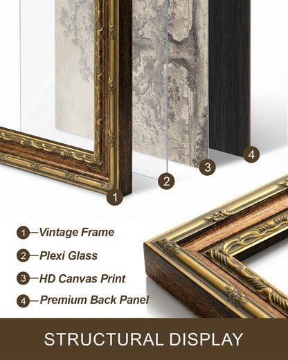 InSimSea 13x16 Gold Framed Vintage Wall Art with Glass, Sketch Oak Tree Landscape Canvas Prints, Rustic Farmhouse Botanical Artwork for Living Room Bedroom Bathroom Office