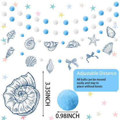 Frienda 3 Pcs Seashell Blue and White Felt Ball Garland Pom Pom Banner Carnival Themed Felt Ball Decoration for Backdrop Birthday Luau Mexican Tropical Party Christmas Decoration
