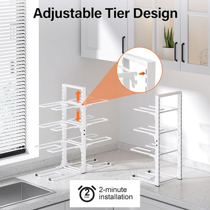 MUDEELA 8-Tier Pots and Pans Organizer under Cabinet, Heavy Duty Adjustable Pot Pan Organizers inside Cabinet, Kitchen Cabinet Organizers and Storage Pot Rack for Big Stockpots, Heavy Cookware, White