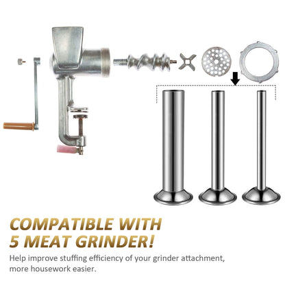3 Pieces Sausage Stuffer Tubes Stainless Steel Grinder Stuffer Tubes for Size 5 Meat Food Grinder, 3 Sizes