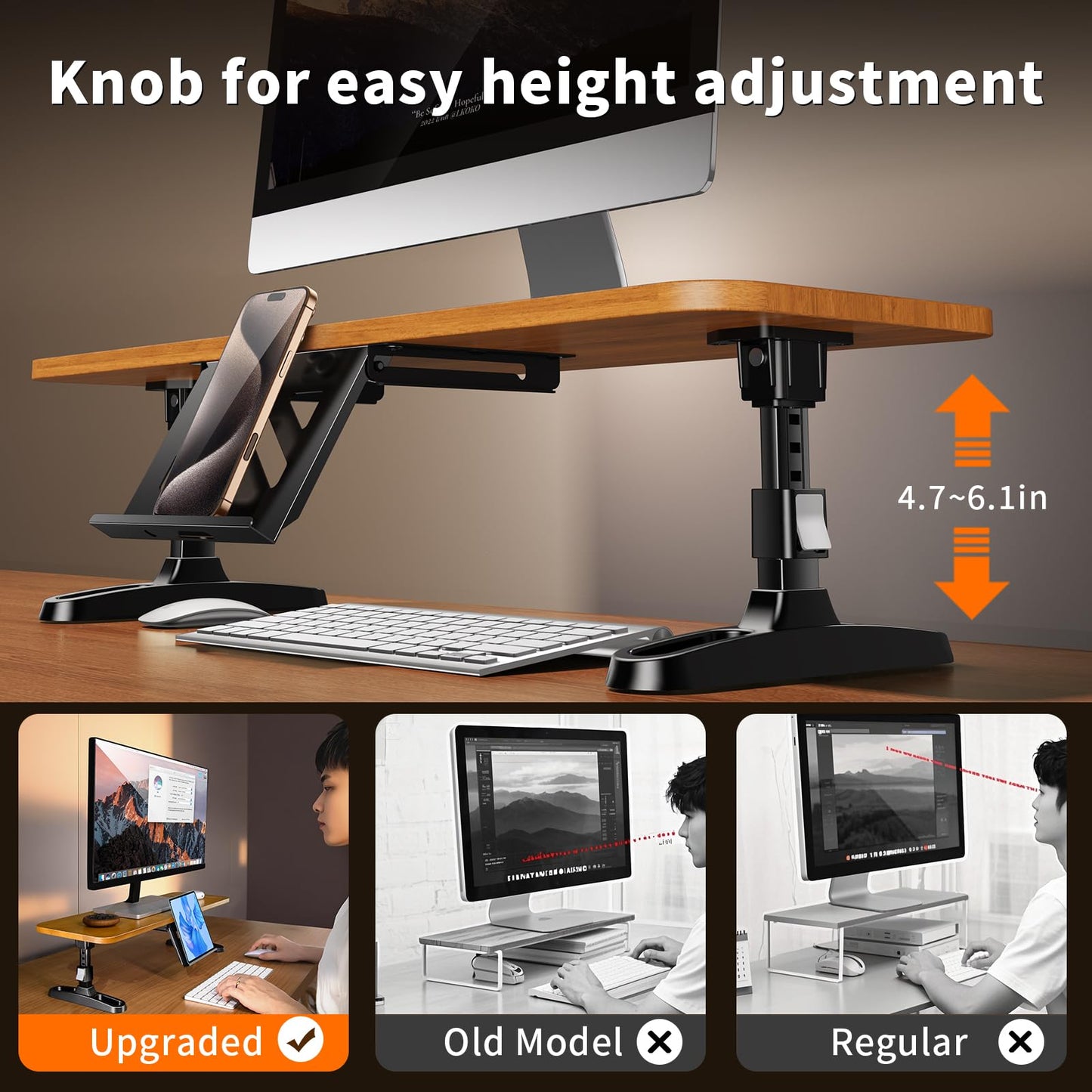 NIFBANG Wooden Monitor Stand Riser for Desk,Adjustable Height Monitor Shelf Riser with Phone Holder,Desk Storage Organizer Accessories,Wood Computer Screen Stands for Office,Home,Laptop,Printer,TV
