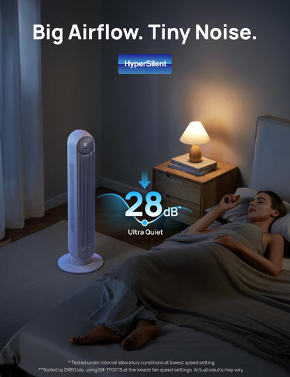 DREO Tower Fan for Bedroom, 25ft/s Smart Standing Fans, 90° Oscillating Floor Fan with 4 Modes, 4 Speeds, 8H Timer, 28dB, Bladeless, Remote, Works with WiFi Voice Control
