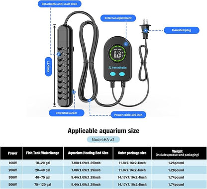 300W Submersible Fish Tank Heater for 40-70 Gallon with Auto Shut-Off When Leaving Water—Aquarium Heater, Dry-Burn & Overheat Protection, Smart LED Display for Freshwater Saltwater Turtle