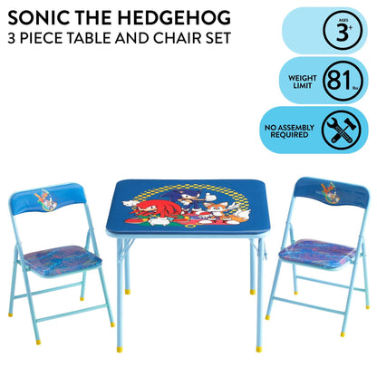 Sega Sonic The Hedgehog Kids Table and Chair Set, 3-Piece Square Table with 2 Folding Chairs for Playroom & Activities