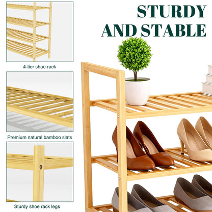 Bambly 4 Tier Bamboo Wooden Shoe Rack for Closet & Entryway, Free Standing Shoe Rack Stand Organizer Shelf for Garage, Bedroom, Small Space Storage, Stackable
