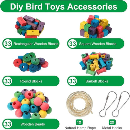 165 Pcs Parrot Toys, Bird Toys Bird Chew Toy DIY Multicolored Wooden Blocks for Large Macaws, Cockatoos, African Grey, Small and Medium Parrot