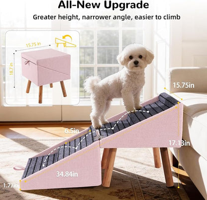 Dog ramp for Small Dogs, 2-in-1 Pet Steps & Ottoman - Foldable Dog ramp for Couch, Non-Slip Wooden Pet ramp for Puppy Senior Injured Dogs (Pink, XL(17.13H))
