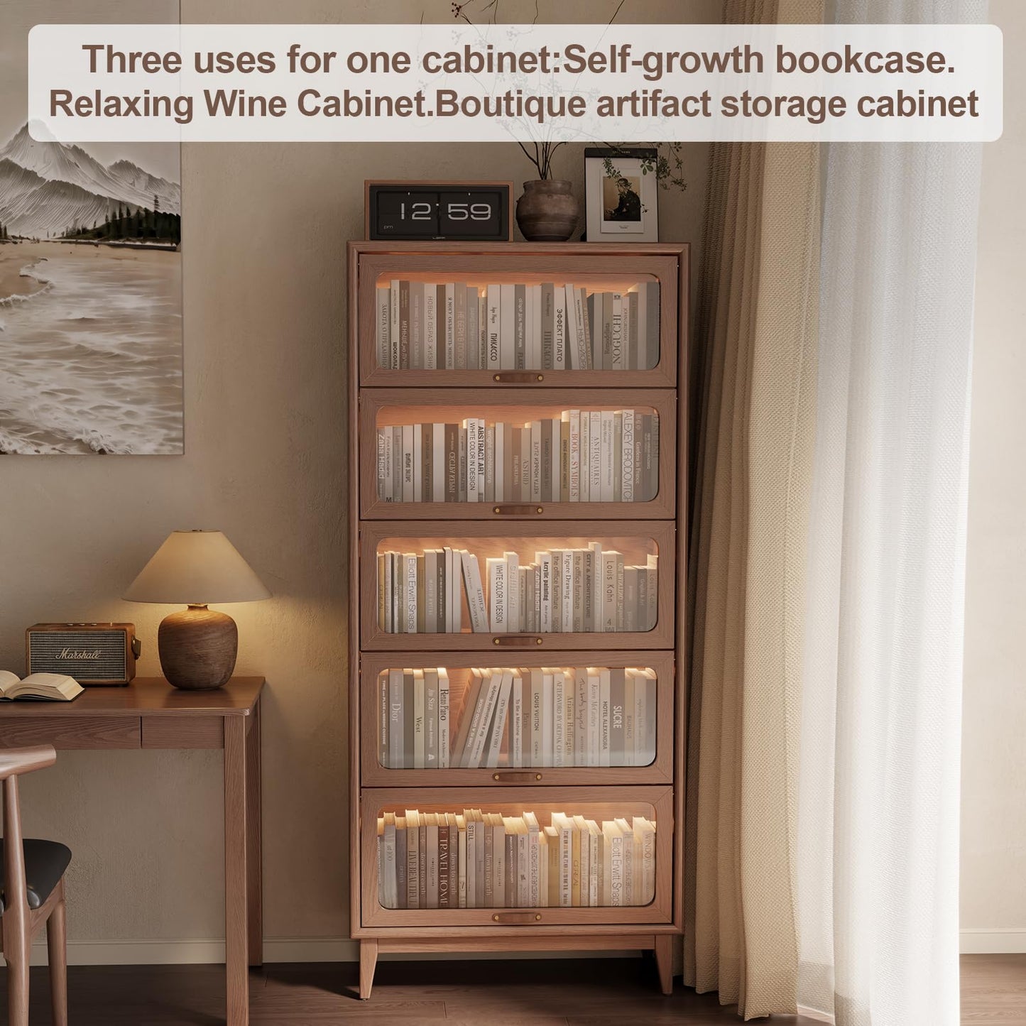 5 Tier Solid Wood Bookcase with Tempered Glass Doors Elegant Wooden Book Shelf with Doors 72H/32w/14 inch Log Khaki, Luxury Antique Bookcase Artwork Book Shelves/case for Home Office