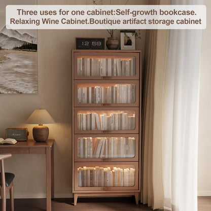5 Tier Solid Wood Bookcase with Tempered Glass Doors Elegant Wooden Book Shelf with Doors 72H/32w/14 inch Log Khaki, Luxury Antique Bookcase Artwork Book Shelves/case for Home Office