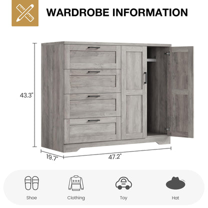 GarveeHome Multifunctional Wooden Dresser for Bedroom, 43.3 in H 2 Door Wardrobe Armoire Closet with 4 Drawers and Hanging Rod, Low Storage Cabinet for Hanging Cloth, Gray