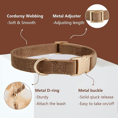 Soft Corduroy Dog Collar and Leash Set Adjustable Durable Dog Collars with Metal Buckle and Lead for Medium Dogs,Brown