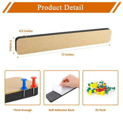 HULAVO 8Pcs Rectangle Felt Cork Board Bar Strips with 35 Pushpins, Self-Adhesive Bulletin Board Strips for Office School Home Wall Decor Stickers Memos Schedules Photos Display -Gradual Red