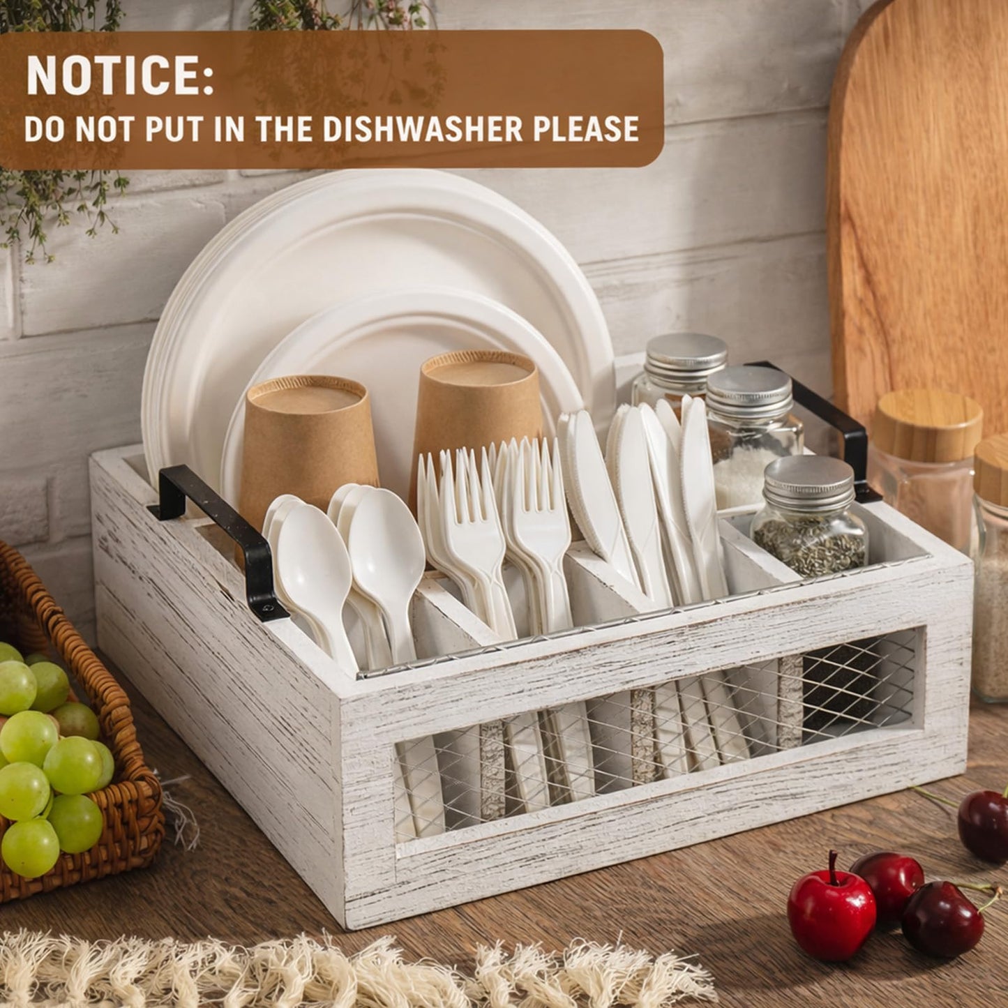 Mimorou Farmhouse Wooden Napkin Paper Plate and Utensil Holder Caddy Kitchen Utensil Holder Farmhouse Rustic Cutlery Flatware Organizer for Party Caddy Spoon Forks Napkins(Distressed White)