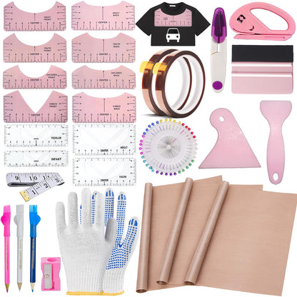 QUKLOGEN Sublimation Shirts Tool Kits Shirt Measure Ruler Set Reusable Round Neck and V Neck Alignment T Shirt Guide Ruler Teflon Sheet for Heat Press 12 x 16in Heat Resistant Tape