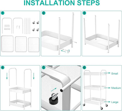 3-Tier Rolling Cart, Metal Utility Storage Carts with Wheels,White | Multi-Functional Organizer Snack Cart Easy Assembly
