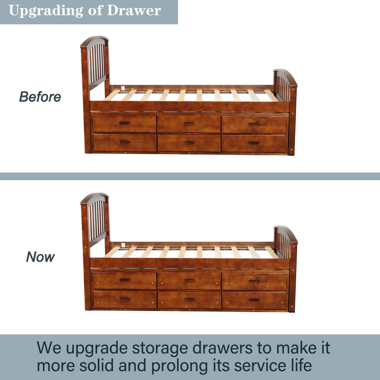 Merax Solid Wood Storage Bed with 6 Drawers, Wooden Slat Support, No Box Spring Needed