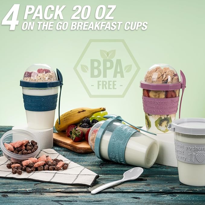 4 Pack Reusable On The Go Yogurt Parfait Cups, Breakfast Plastic Containers with Lids and Spoons, Perfect Jars for Overnight Oats Cereal Granola Oatmeal Smoothies and Snack Prep