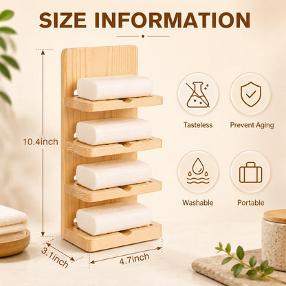 Ferrochef 4 Tier Wooden Soap Holder for Shower, Wall-mountable Soap Dish, Self Draining Bar Storage Organizer, Natural Wooden Bar Rack for Bathroom Counter, Kitchen, Easy Dry Extend Soaps Life