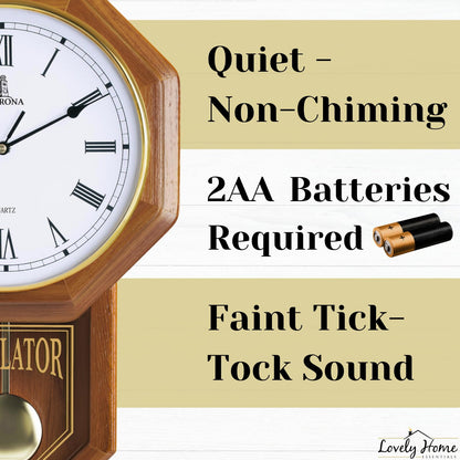 Pendulum Wall Clock Battery Operated - Real Wood Regulator Clock - Schoolhouse Design with Pendulum - Quiet, Non-Chiming - Wooden Wall Decor for Living Room Decor, Home, Office and Gift 18x11