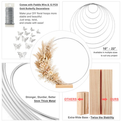 6 Pack Floral Hoop with Stand and 38-Yard Paddle Wire 24 Inch Metal Rings for DIY Centerpiece Table Decorations Crafts Macrame Rings Hoop Wreath Dream Catcher Rings Wedding Christmas Wreaths, Silver