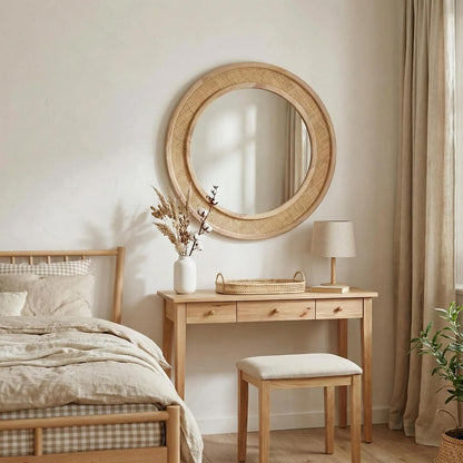Tunjig 24" Round Rattan Mirror, Circle Wall Mirror, Farmhouse Wooden Vanity Mirror with Handmade Wicker Frame, Decorative Boho Mirror for Nursery Bedroom Living Room Entryway Nature
