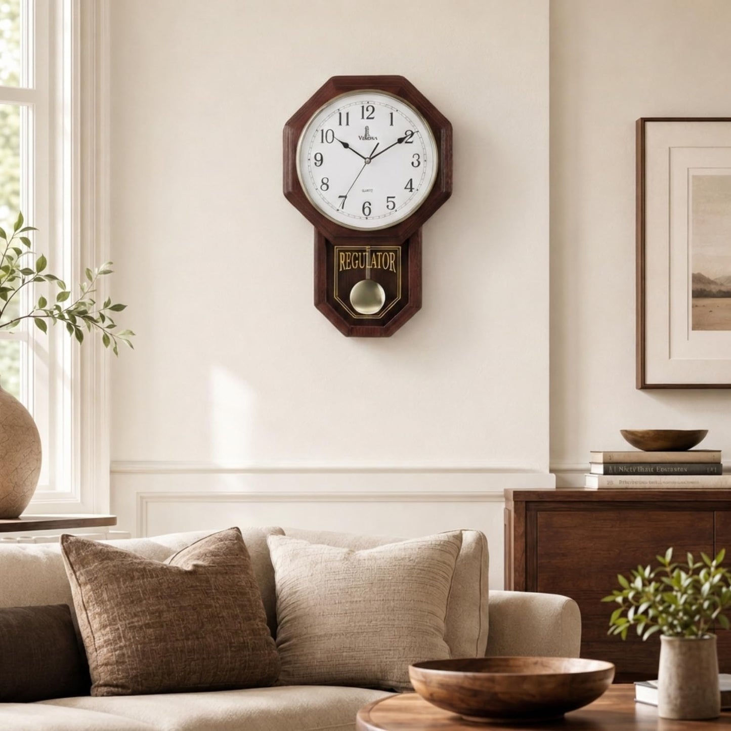 Pendulum Wall Clock - Real Wood Regulator Clock - Schoolhouse Design - Quiet, Non-Chiming, Wooden & Battery Operated - Decorative Wall Decor for Living Room, Home, Office 18x11
