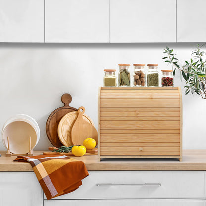 FoverOne Bamboo Bread Box for Kitchen Countertop, Roll-top Breadbox Breads Storage Boxe with Adjustable Middle Shelf