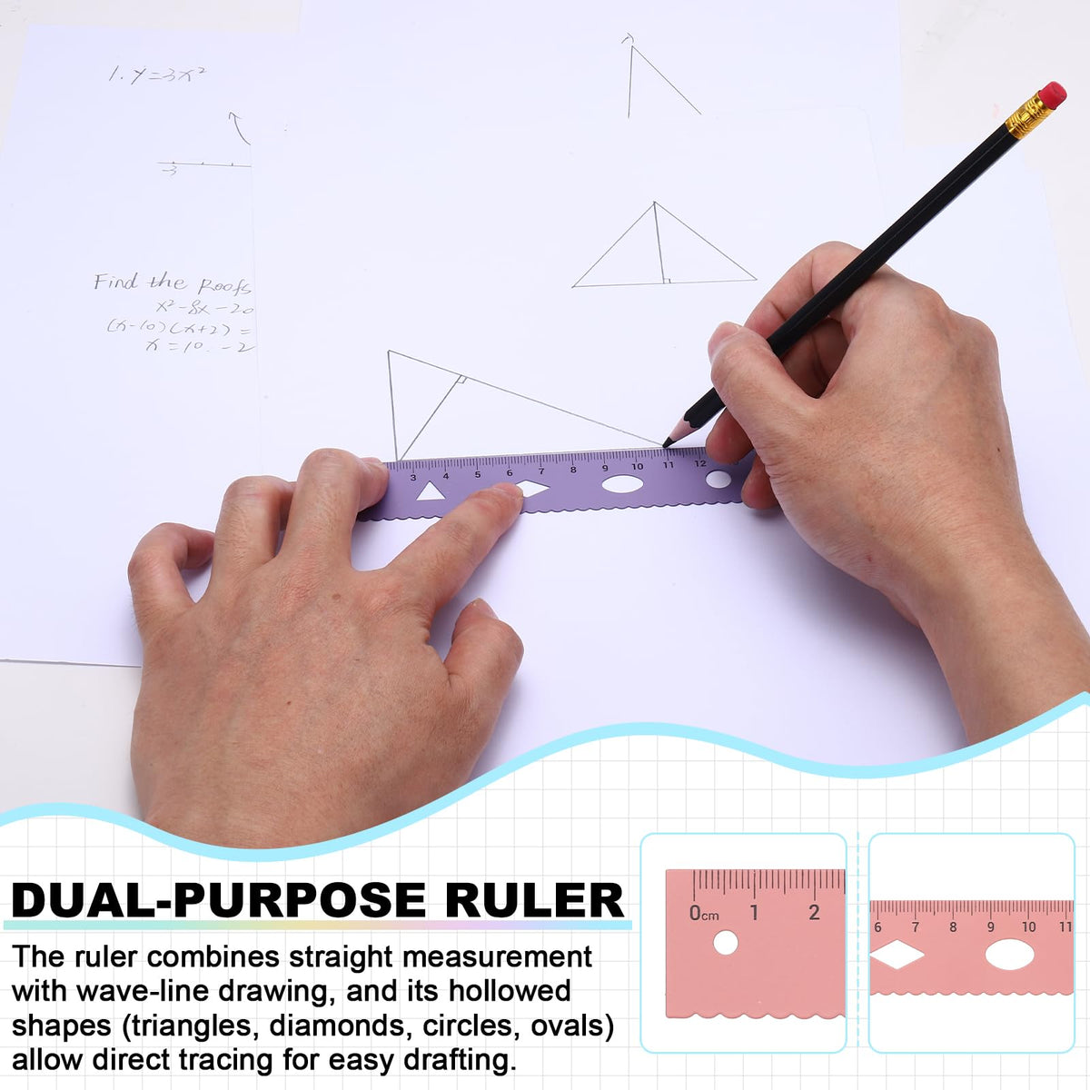 PATIKIL Geometry Set, 2 Pack 8 Inch Aluminum Ruler & 4 Triangles, Metal Protractor Ruler Math Drafting Measuring Tool for Home Office Math Drawing Engineering Art,Gradient Blue