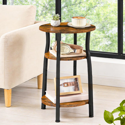 HOOBRO Narrow End Table with Storage, 3-Tier Small Oval Side Table, Slim Bedside Table for Small Spaces, Corner Sofa Table for Living Room, Bedroom, Rustic Brown and Black BF258BZ01