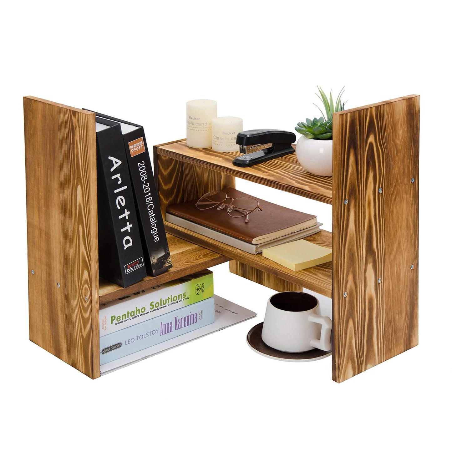 Liry Products Adjustable Extendable Natural Wood Desktop Organizer Caddy Desk Organizer Countertop Shelf Bookcase Display Stand Rack Expandable Storage Office Home (Dark Brown)