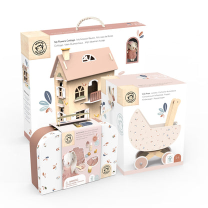 SPEEDY MONKEY Flowers Cottage Wooden Playset with Doll Pram & Doll Play Set | Wooden Baby Doll Stroller with Rabbit Baby Doll Playset with Feeding Accessories | Role Play Gift Set for Girls & Boys