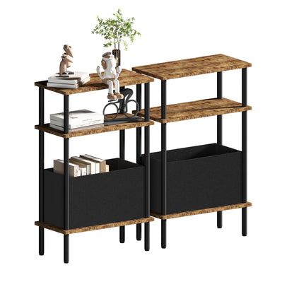Newmics Narrow Side Table with Fabric Basket, Set of 2 End Table for Small Spaces, Slim Nightstand with 3-Tier Storage Shelf, Sofa Beside Table, for Living Room, Bed Room, Rustic Brown