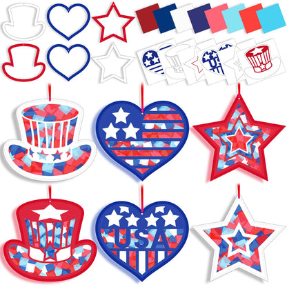 42 Packs 4th of July Suncatchers Crafts for Kids, Patriotic 250th Anniversary DIY Star Tissue Paper Sign Art Craft Kit Gift for Patriotic Religious Christian Classroom Church Activities Party Decor