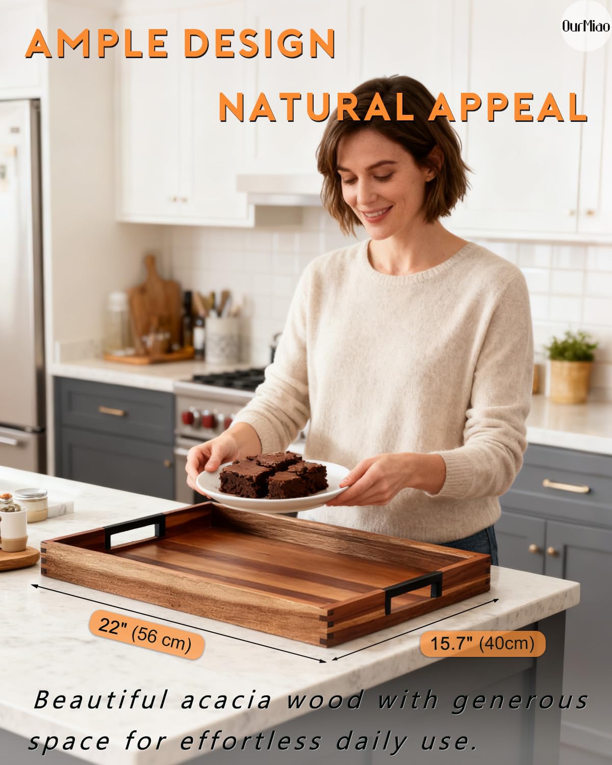 OurMiao 22 Inches Acacia Wood Serving Tray with Metal Handles, Extra Large Rectangular Wooden Ottoman Tray for Living Room, Coffee Table, Coffee Station, Kitchen & Hosting