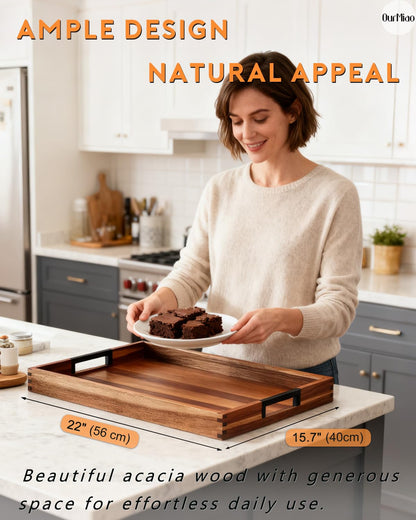 OurMiao 22 Inches Acacia Wood Serving Tray with Metal Handles, Extra Large Rectangular Wooden Ottoman Tray for Living Room, Coffee Table, Coffee Station, Kitchen & Hosting