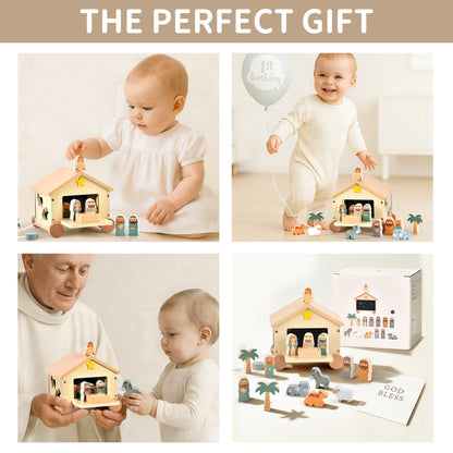 Mauzutta Wooden Nativity Set Montessori Toys for 1 Year Old - Baptism Gifts for Boys Girls - Religious Christening Gift - Bible Toys for Toddlers 1-3 House on Wheels Shape Sorter