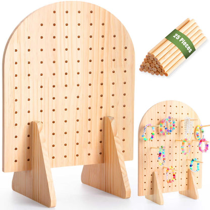 Colingmill 1 Set Keychain Display Stand Wooden Pegboard Display Stand with 25 Pcs Dowel Rods Oval Bracelet Organizer Holder for Jewelry, Craft Shows, Necklace, Selling, 15.75" x 11.81" (Wood)