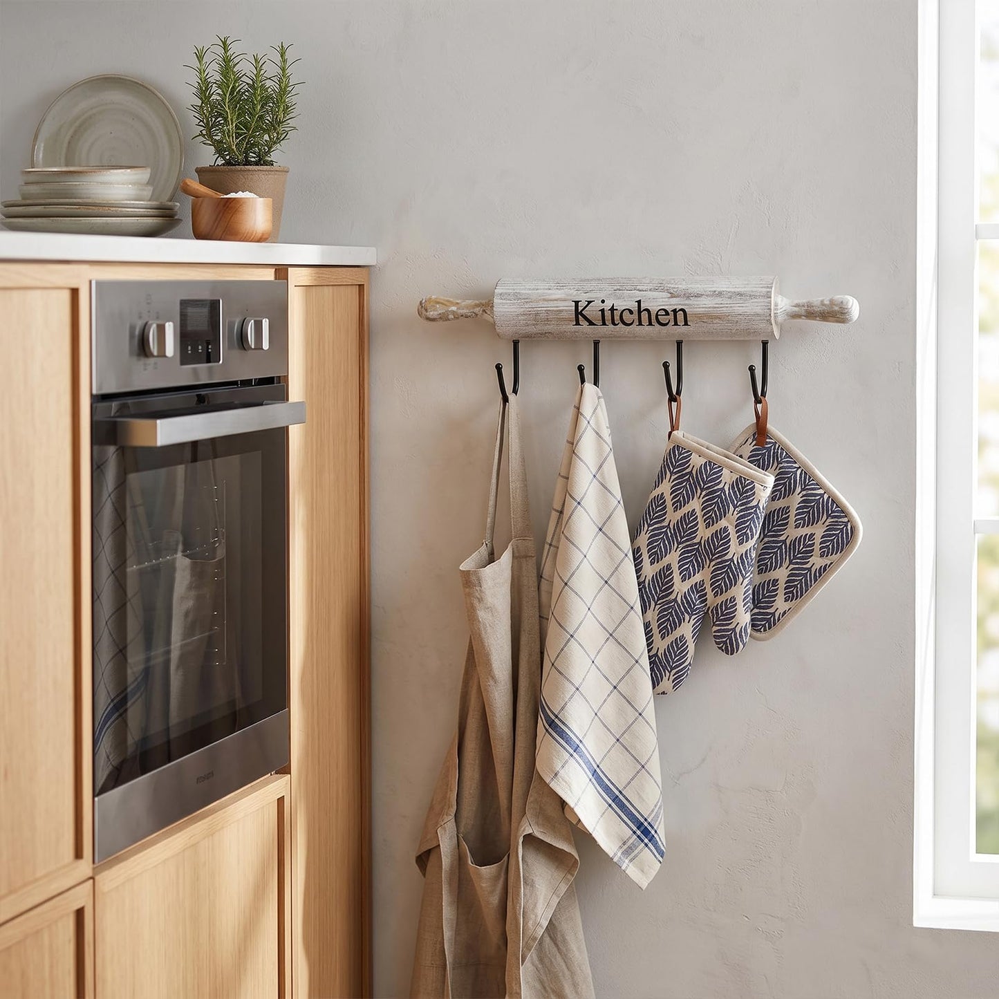 MyGift Wall Mounted Kitchen Utensil Rack, Rustic White Washed Wood Rolling Pin Cooking Tool Hanger with 4 Hooks for Aprons, Dish Towel, Mugs, Spoons