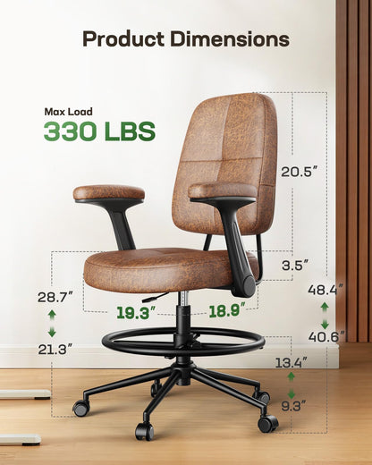 Marsail Drafting Chair with Flip-Up Armrests and Footrest, Ergonomic Tall Office Chair, Height Adjustable High Chair, Brown Leather Seat with Thick Cushion, 360° Swivel, for Standing Desk, Home Office