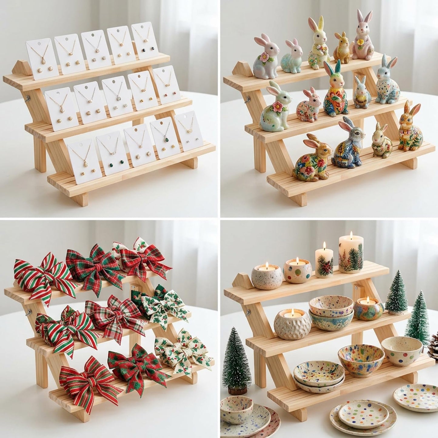 kuyeyzu 2 Pack 3 Tier Wooden Riser, Earring Display for Vendors - Solid Wood Tiered Stand with Groove for Jewelry Cards, Cupcakes, Party Desserts, Retail Booth & Farmers Market