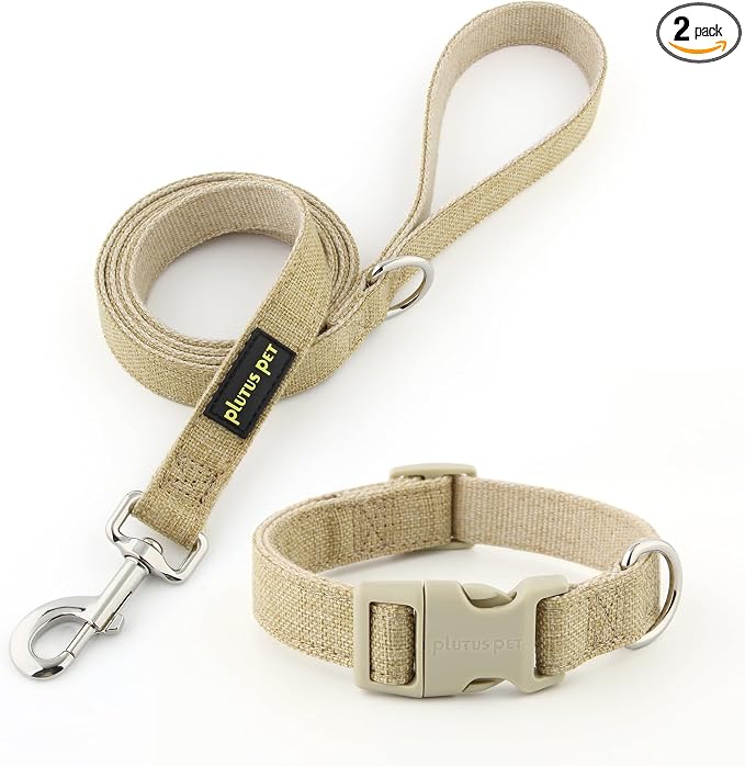 Plutus Pet Cotton Hemp Dog Collar and Leash Set, Adjustable Collar for Small, Medium, and Large Dogs, Heavy Duty and Soft on Skin, Khaki, XS