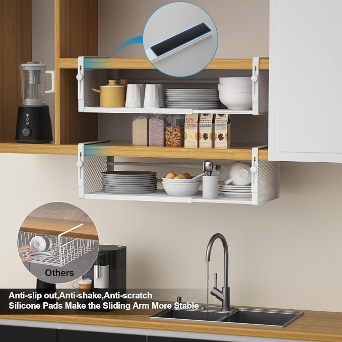 AmonHouseware 2Pack Under Shelf Basket, Adjustable Hanging Under Cabinet Shelf Storage, Hanging Holder Length Stretchable 14.9-22.6Inch for Kitchen Pantry Desk Counter Bookshelf Cupboard (White)