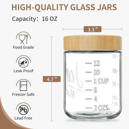 Xyptorix Glass Overnight Oats Containers with Lids (6-Pack), 16 oz Mason Jars with Bamboo Lids for Meal Prep, Chia Seed Pudding, Yogurt & Oatmeal - Airtight Food Storage Jars for Breakfast On-the-Go