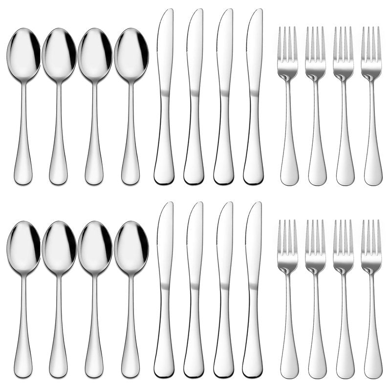 E-far Forks, Spoons and Knives Set for 8, 24 Pieces Stainless Steel Silverware, Food Grade Flatware Cutlery for Home Kitchen Restaurant, Mirror Finish, Dishwasher Safe